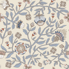 Earthy colour floral seamless pattern. Repeating design of stylised flowers and leaves.