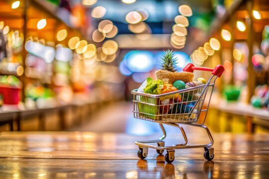 Creative Tilt-Shift Photography of a Shopping Cart Cut Out of Paper in a Colorful Shopping Scene with Miniature Objects and Vibrant Backgrounds for Retail and Consumer Themes