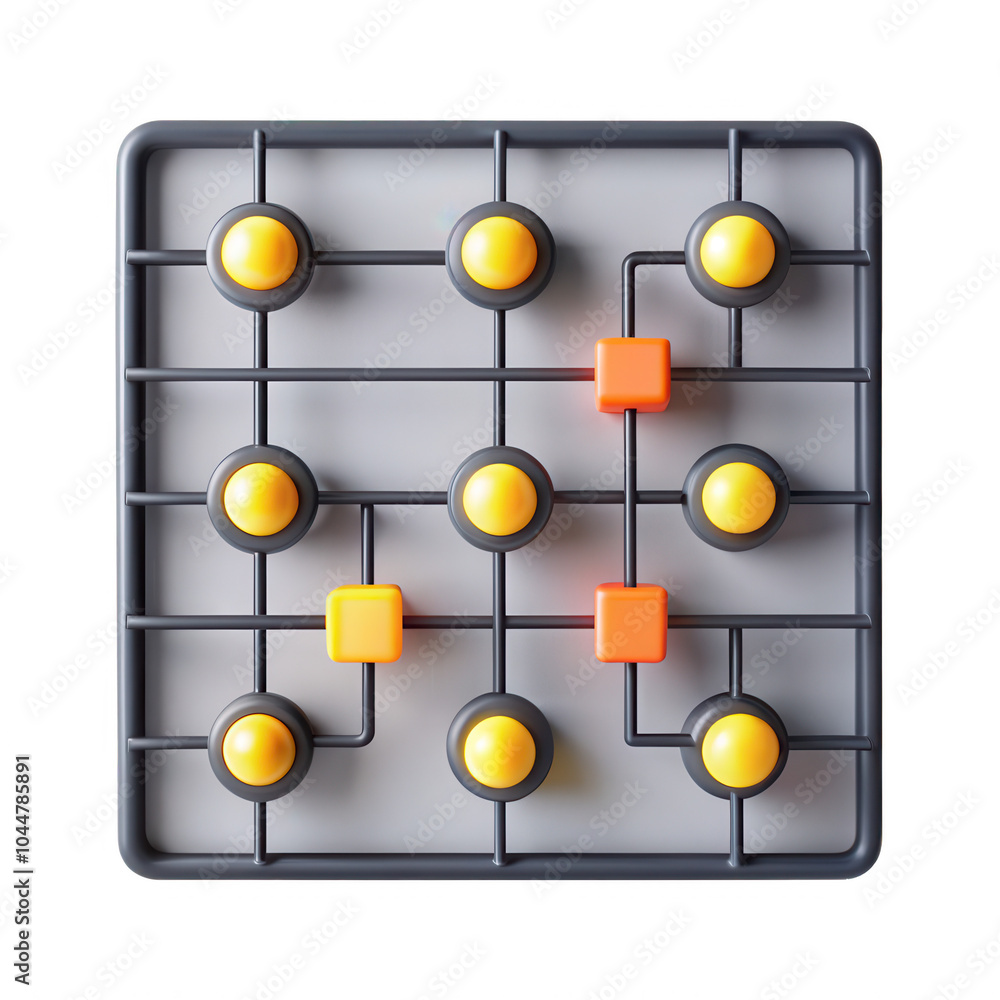 Poster a colorful geometric puzzle design featuring yellow and orange balls connected with a grid structure