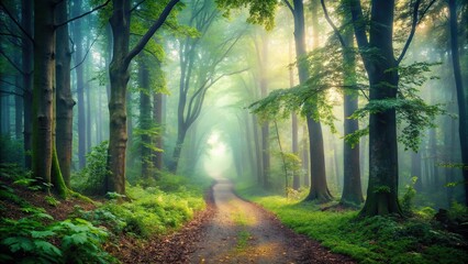 Obraz premium Serene and mysterious forest path shrouded in mist, evoking tranquility and wonder