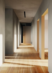 A modern hallway featuring wooden flooring and minimalist design elements. natural light creates warm atmosphere, enhancing spacious feel of corridor