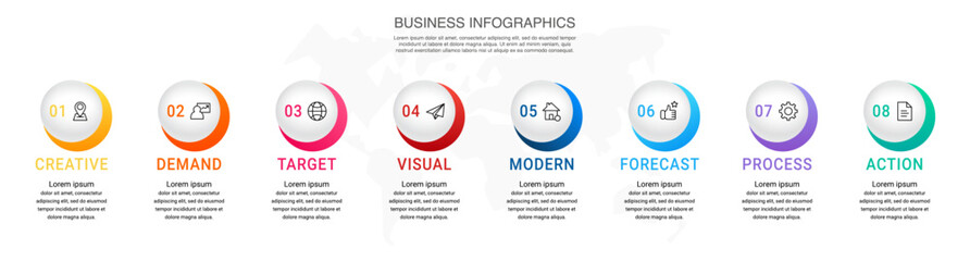 Vector template circle infographics. Modern business concept with 8 options and parts. Eight steps for content, flowchart, timeline, levels