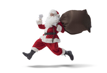 Stressed Santa Claus running and carrying gifts