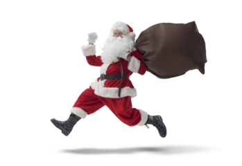 Stressed Santa Claus running and carrying gifts