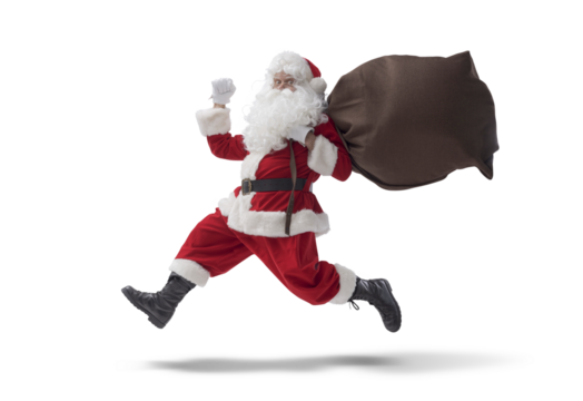 Stressed Santa Claus running and carrying gifts