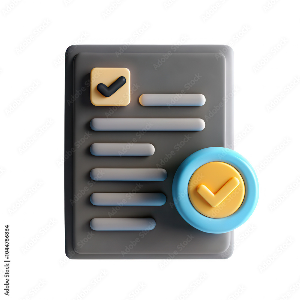 Poster a stylized 3d representation of a document with a checkmark and a button, showcasing modern design e
