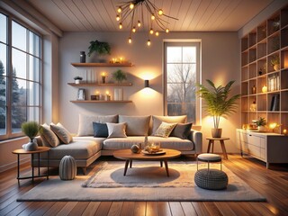 Fototapeta premium Cozy Minimalist Living Space Exuding Warmth and Comfort â€“ Conceptual Photography of a Bare Design with Soft Lighting, Inviting Atmosphere, and Neutral Tones