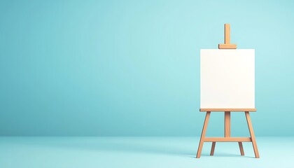 A wooden easel displaying a blank canvas against a light blue backdrop.