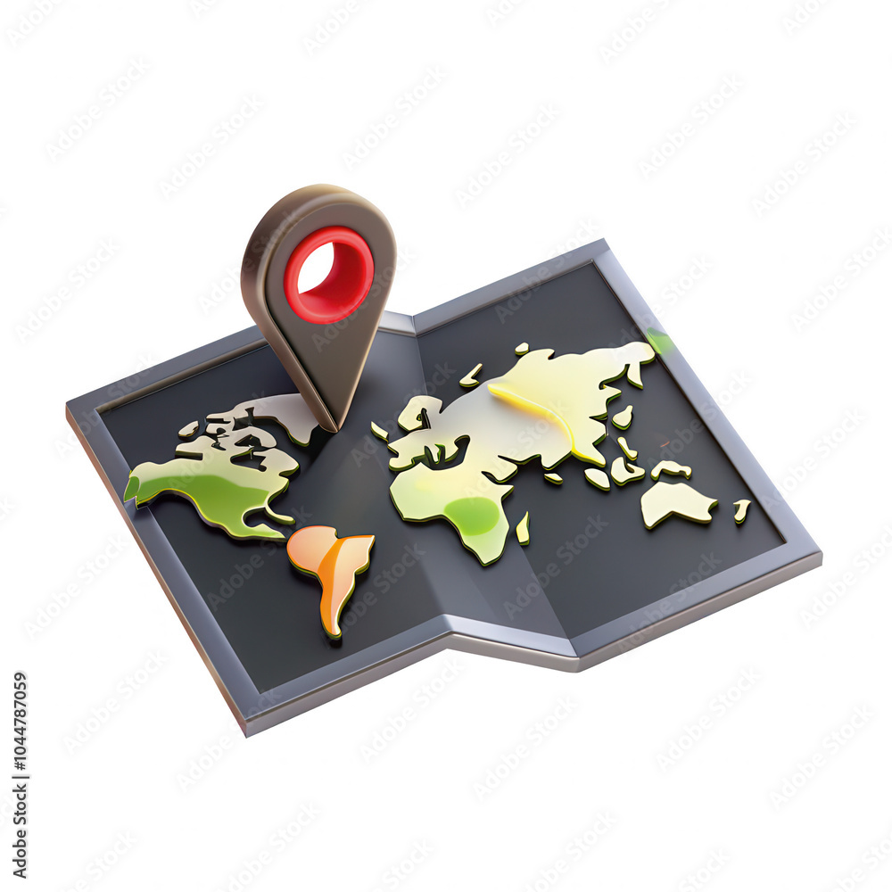 Poster a stylized 3d render of a world map featuring a prominent location pin. the design emphasizes global