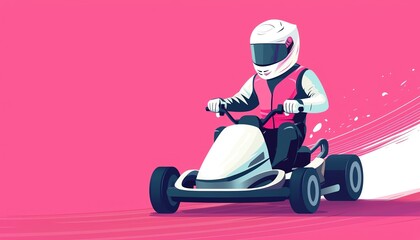 A vibrant illustration of a go-kart driver in action against a striking pink background.