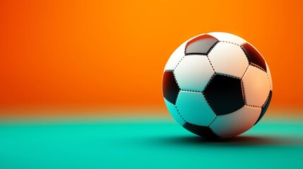 Naklejka premium A close-up of a soccer ball on a vibrant orange background, showcasing its iconic black and white design.