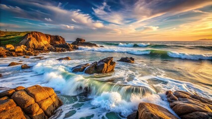 Obraz premium Serene coastal scene with breaking waves and rocks