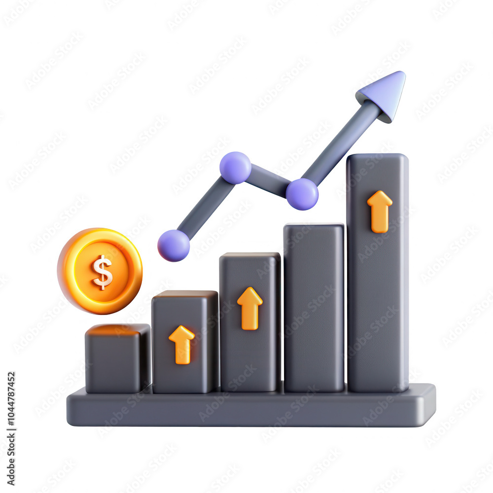 Poster a 3d render showing a financial growth chart with bars and an upward arrow, symbolizing increase in 