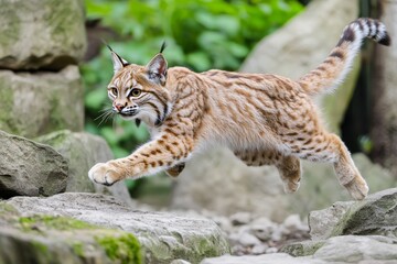 Fototapeta premium A Majestic Lynx in Mid-Leap: Capture the Grace and Power of Nature's Wild Cat in its Natural Habitat with Stunning Detail.