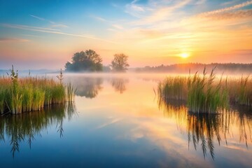Serene early morning marsh scene with misty waters at sunrise