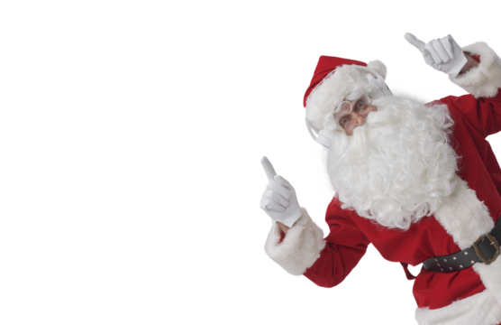 Cheerful Santa Claus wearing headphones and dancing
