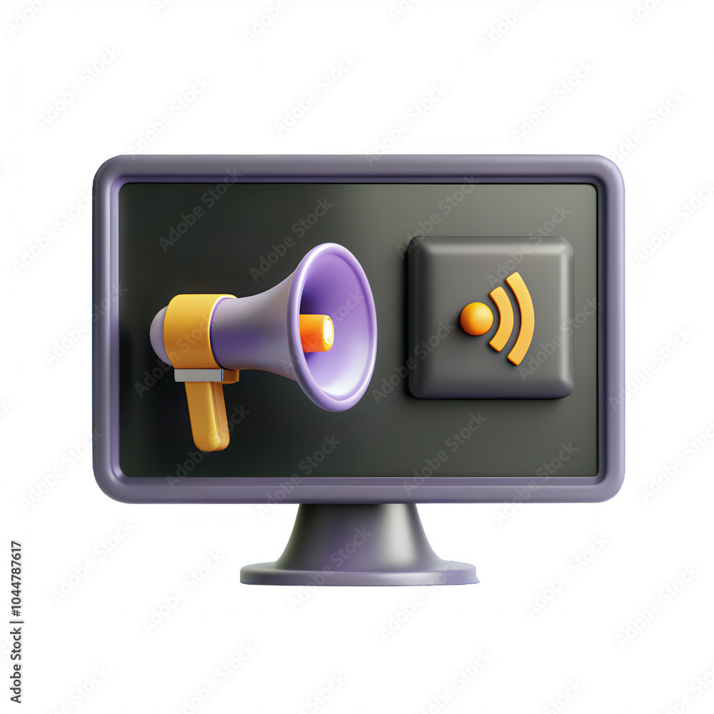 Poster a 3d render featuring a megaphone and a sound control button on a computer monitor, symbolizing comm