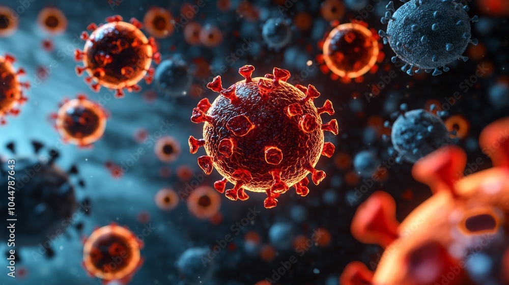 Poster a close up of a red and black virus with a blue background