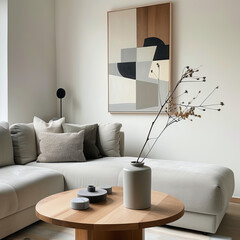 A modern living room featuring stylish sectional sofa, minimalist decor, and an artistic wall painting. serene atmosphere is enhanced by simple vase with dried flowers on wooden coffee table
