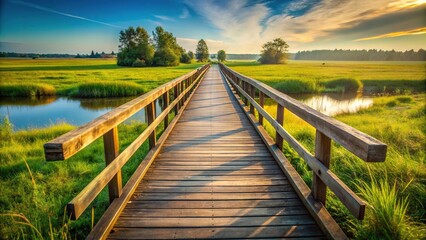 Obraz premium Silhouette of wooden bridge in meadow with vanishing point perspective
