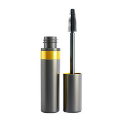 Obraz premium A sleek mascara tube in gray with a gold band. The applicator is visible, featuring a black brush for applying mascara. Ideal for enhancing eyelashes.