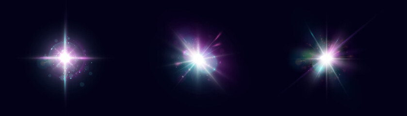 Shining light effects isolated on dark background, glare, lines, golden light particles. Set of vector stars.	