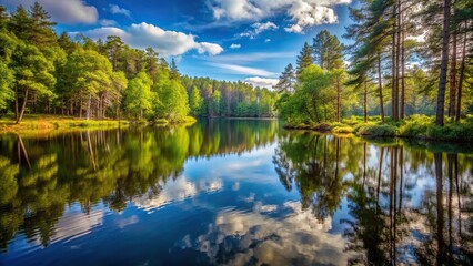 Fototapeta premium Serene forest landscape with trees and pond