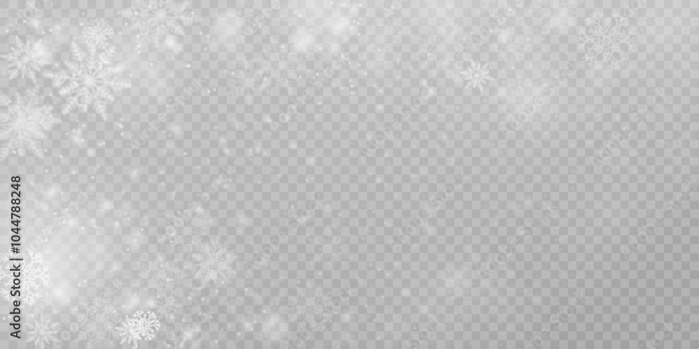 Poster Christmas background with cold snowstorm effect and snowflakes. Vector texture of Cold winter snowstorm with snowflakes on transparent background.