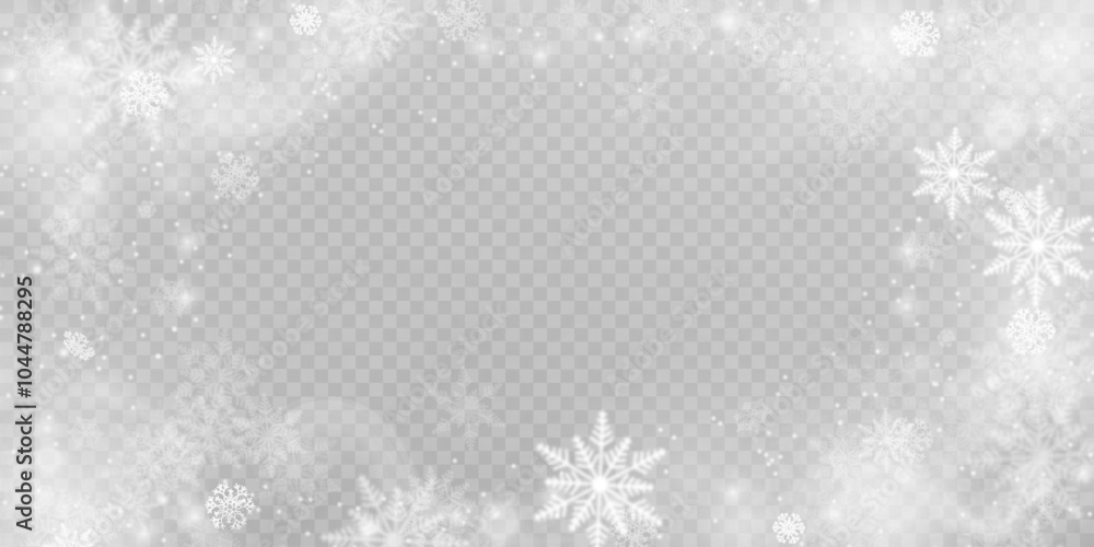 Poster Christmas background with cold snowstorm effect and snowflakes. Vector texture of Cold winter snowstorm with snowflakes on transparent background.
