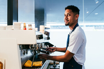 Bakery, happy portrait of hispanic black man in cafe ready for serving pastry, coffee and baked...