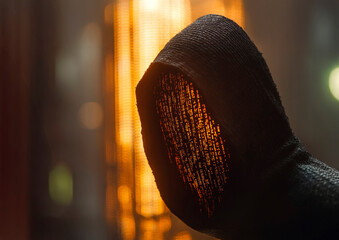 Hacker in Dark Hooded Outfit Using Laptop in a Cybersecurity Breach with Code on Screen