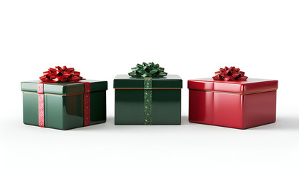 different green and red Christmas gift boxes stacked on a white background