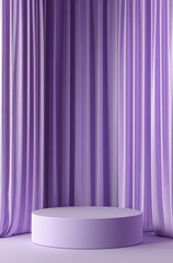 Soft and Elegant 3D Rendered Podium with Muted Lavender Curtains for a Subtle and Calm Vibe