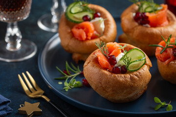 Yorkshire puddings with smoked salmon, cucumber and cream cheese