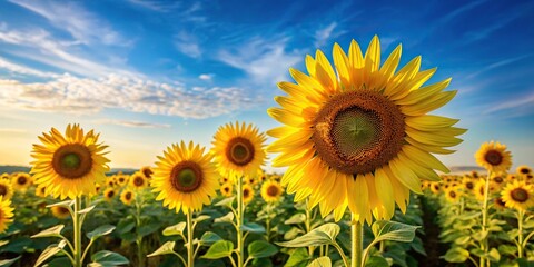 Silhouette of yellow sunflowers growing in field with blue sky background