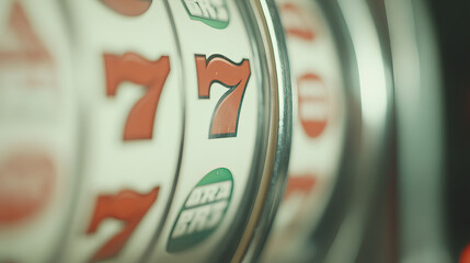 image features close up of vintage slot machine with iconic number 7 prominently displayed. vibrant colors and retro design evoke sense of nostalgia and excitement associated with gambling