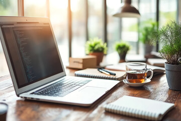Fototapeta premium Work Desk with Laptop, Mug, and Indoor Plants by Bright Window, Featuring Clean and Modern Designt