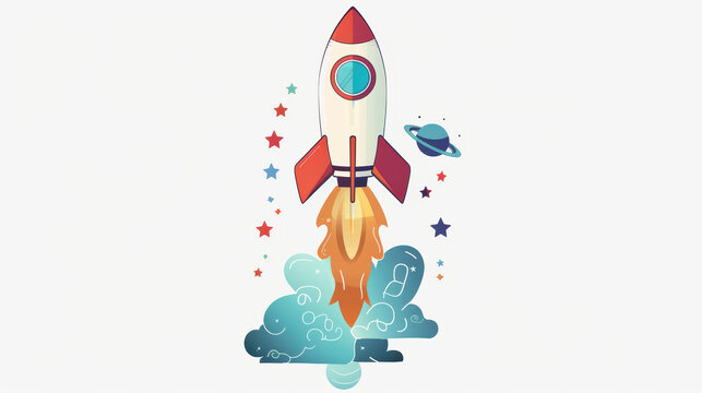 colorful rocket launching into space, surrounded by stars and planets, symbolizes creativity and innovation. This vibrant illustration captures excitement of exploration and new ideas