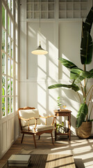 A cozy interior featuring wooden chair, small table, and large indoor plant, illuminated by natural light streaming through large windows. serene atmosphere invites relaxation and comfort