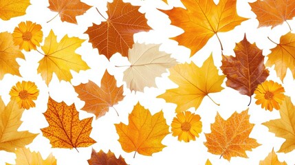 Fototapeta premium Autumn Leaves in Golden and Yellow Shades on White