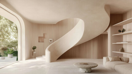 A modern interior featuring curved staircase, warm wooden walls, and minimalist decor creates serene atmosphere. space is bright and inviting, perfect for relaxation