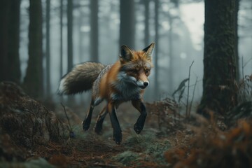 Fototapeta premium A Majestic Fox Leaps Through the Misty Forest, Capturing the Spirit of Wilderness in an Enigmatic and Serene Atmosphere of Nature's Beauty.