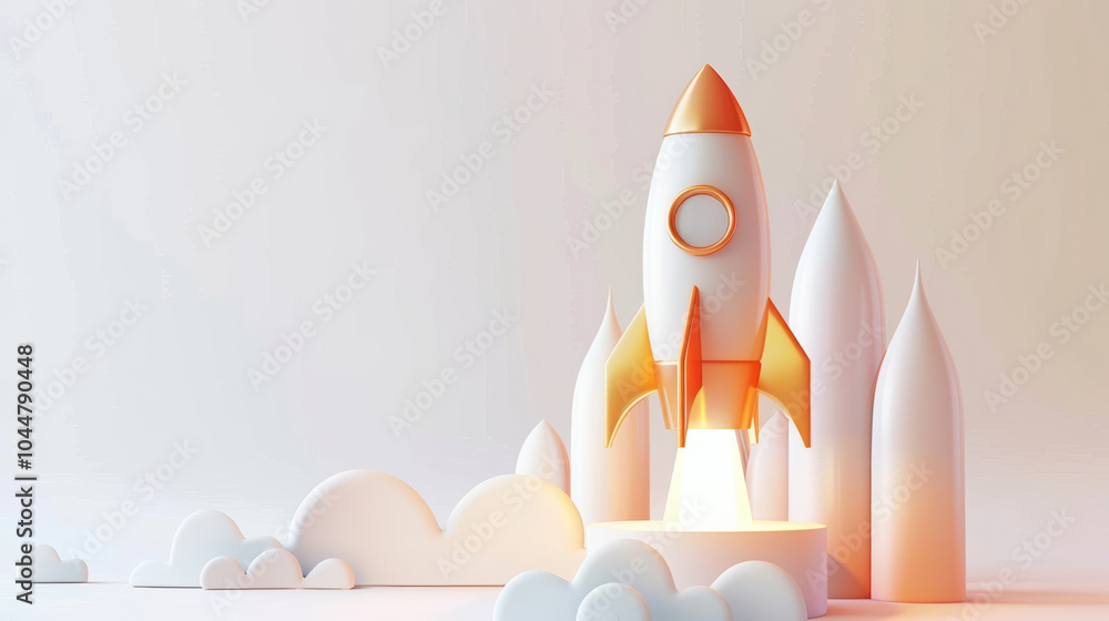 Poster whimsical rocket launching from stack of clouds, symbolizing creativity and innovation. soft colors 
