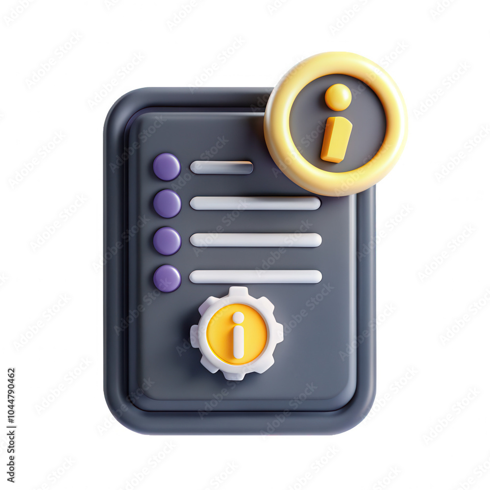 Poster a 3d render of an information icon on a document with a gear. the design is modern and minimalistic,