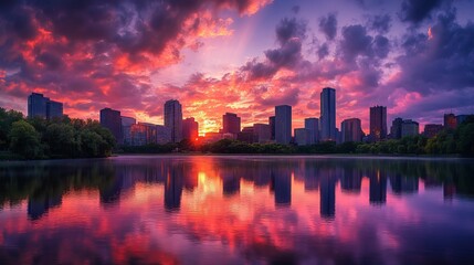 Fototapeta premium Stunning city skyline bathed in the fiery hues of sunset, with dramatic clouds and reflections on water, perfect for themes of urban beauty, tranquil evenings, and natureâ€™s artistry .
