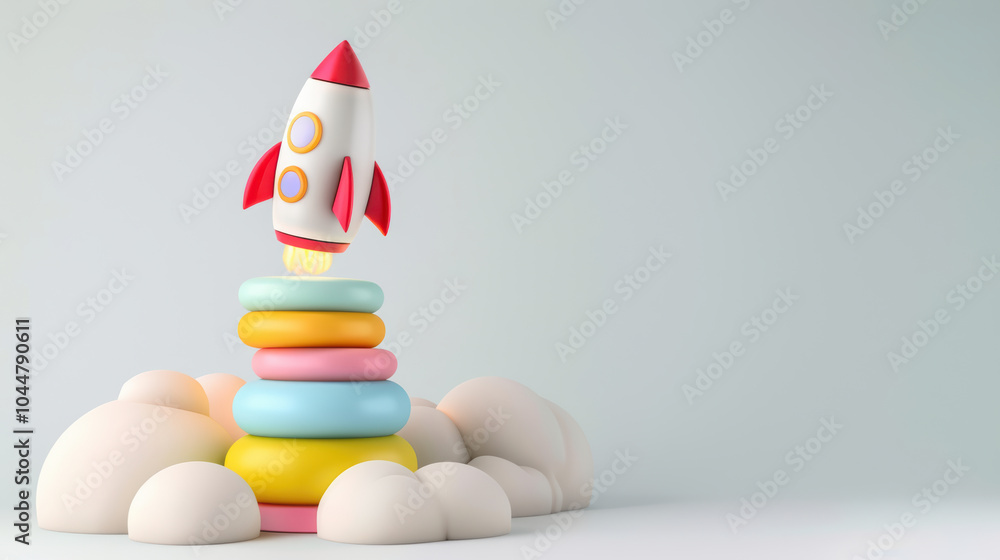 Aufkleber colorful rocket launching from stack of pastel colored shapes, symbolizing creativity and innovation
