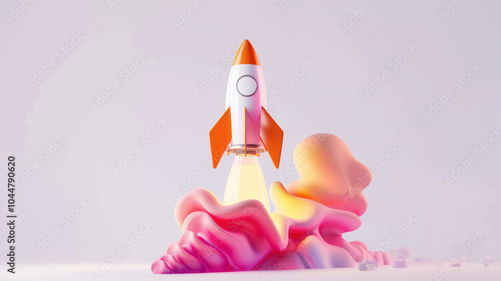 Poster vibrant rocket launching from colorful abstract stack, symbolizing innovation and creativity. dynami