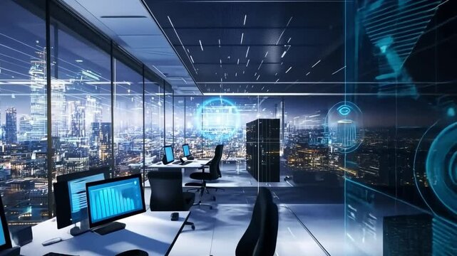 Monitoring office with IT specialists and digital communication systems.