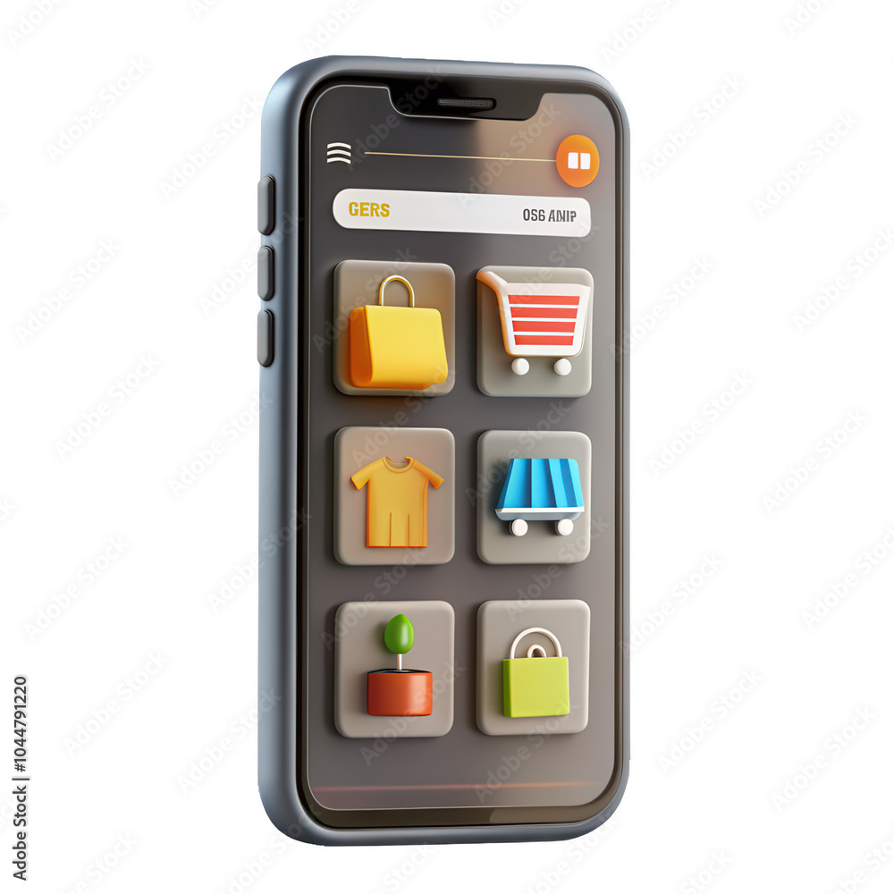 Poster a 3d render of a smartphone displaying a shopping app interface with various colorful icons for shop