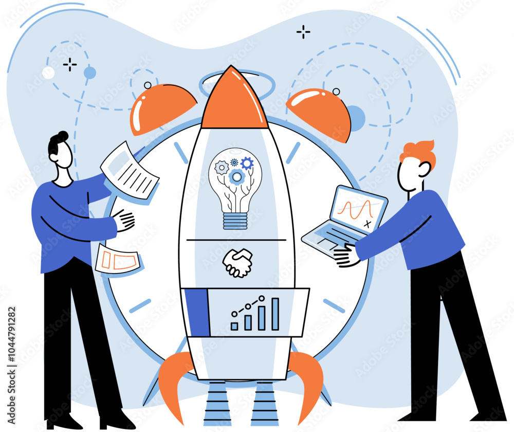Poster concept of joint teamwork, building business team. working characters, people set up spacecraft laun